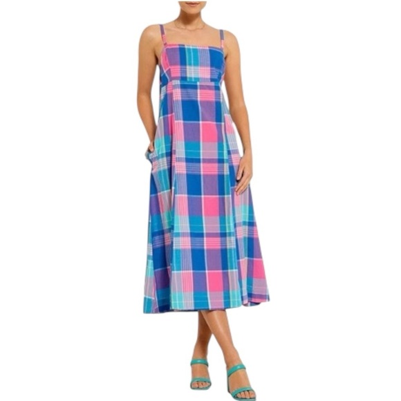 Bohemian Traders Sleeveless Cotton A-Line Slip Midi Dress - Blue Plaid - Large - Picture 5 of 13